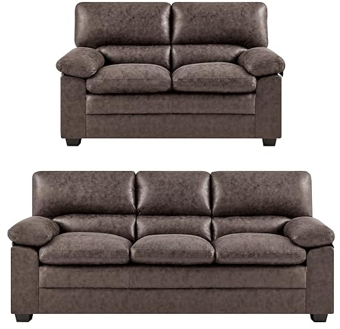 Bravich Oxford Faux Leather Sofa Set, 2 and 3 Seater Sofa Suite, Two and Three Seat Living Room Furniture Set, Easy Wipe Clean, Solid Wood Frame, Chocolate Brown