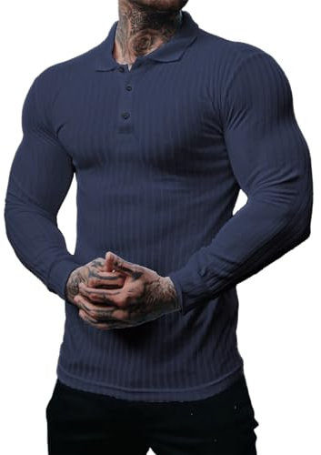 Muscle Cmdr Men's Cotton Muscle Shirts Slim Fit Business Casual Tee Long Sleeve Ribbed Polo V Neck Shirt Blue/M