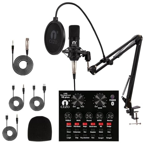CEZO BM 800 Kondensatormikrofon Podcast Equipment Bundle mit V8 Soundkarte, Audio-Interface mit Podcast-Mikrofon, Studio-Ausrüstung mit Mikrofonboom, Soundkarte