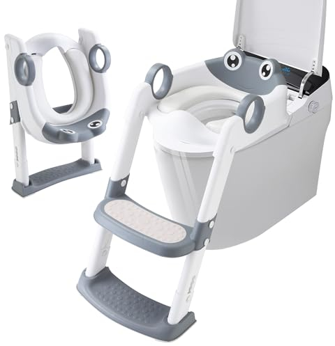 Toilettensitz Kinder mit Treppe, kinder wc sitz mit treppe, Mit Bequeme Kissen mit Griffen und breiten Stufen, spritzwassergeschütztes und rutschfestes Material, höhenverstellbar