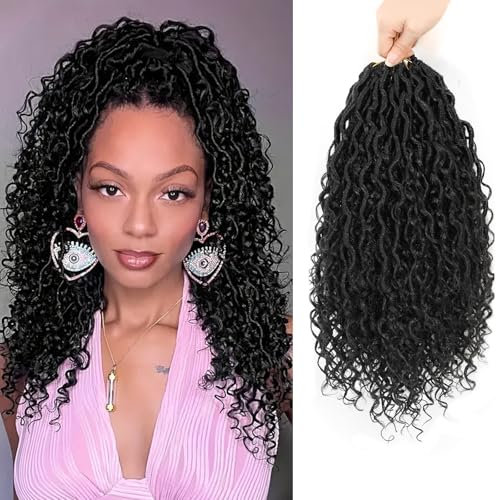 FANWYFYU Goddess Locs Crochet Hair, 14 Inch New Goddess Faux Locs Crochet Hair for Black Women, 8 Packs Locs Crochet Hair with Curly Ends(1B)