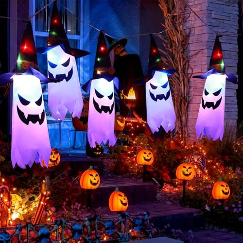 MWZEAUL Decorazioni di Halloween, 5PCS Luci LED Halloween Fantasma da Appendere, con Cappello da Strega Addobbi Halloween, Halloween Decorazioni Esterno Interno per Albero Portico Casa Giardino