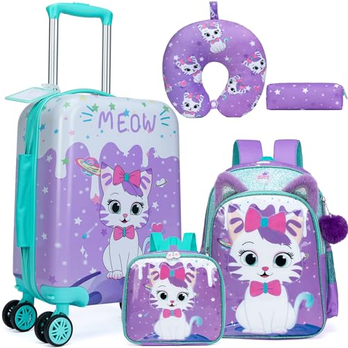 5tlg Kinderkoffer Rucksack, Kindertrolley, Kindergepäck, Katzen Kinder Kofferset Handgepäck Reisegepäck Hartschalenkoffer für Mädchen