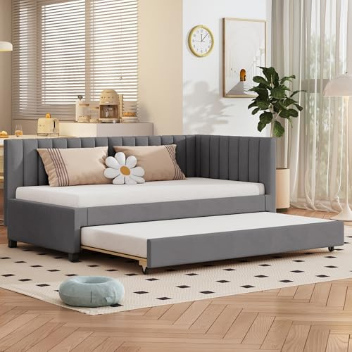 YCYDHDM Polsterbett 90 x 200 cm mit Ausziehbett, Einzelbett Sofabett mit Lattenrost und Rückenlehne, Bettgestell aus Massivholz, für Schlafzimmer und Gästezimmer, Samt-Stoff, Ohne Matratze, Grau