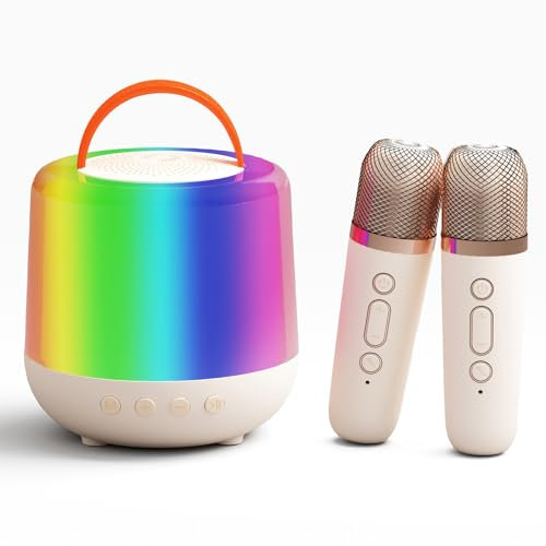 Brovamo Karaoke Maschine Infantil, Karaoke 2 Microfonos Inalambricos, Microfono Karaoke Niños y Niñas, Micrófono Karaoke Niña con Luces LED y 5 Efectos de Sonido (Crema)
