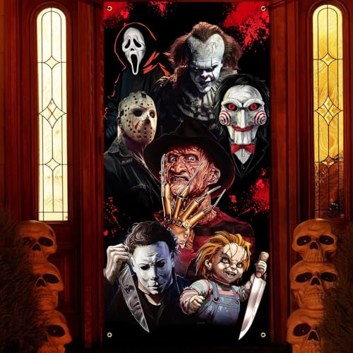 Halloween Türabdeckung Horror Banner Dekorationen, Horror Classic Movie Charakter Türbanner Gruselige Halloween Party Foto Hintergrund Banner für Halloween Party Haustür Innen Gruseliger Killer