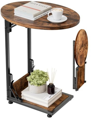 Mutool C Shaped Side Table, Foldable Round Sofa Table with Metal Frame, Small Coffee Table for Living Room Bedroom Office, Rustic Brown & Black