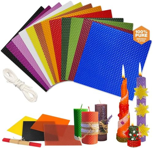 bechoanigel Kerzen Selber Machen Set, Bienenwachskerzen Selber Machen Set, 12 Farben Bienenwachsplatten mit 3 Meter Baumwolldocht, kerzen gießen set, Kerzen Diy set für Erwachsene und Kinder