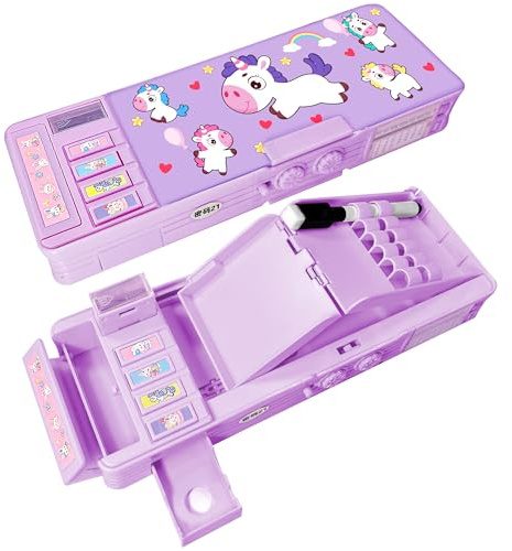 LilyBeauty Pop-Up Federmäppchen für Kinder - Große Jungen Federtasche(Lila) | Multifunktionales Cartoon Stifteetui Organizer mit Anspitzer, Etui Schulzubehör Mädchen, tolles Geschenk für Kita und Schule