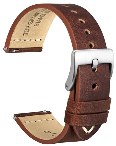 WOCCI 24mm Antikes Uhrenarmband für Herren, Sattelleder, Silberne Schnalle (Pekannussbraun)