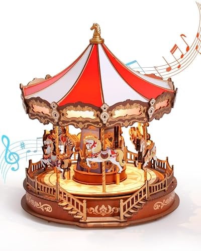 ROWOOD Karussell 3D Puzzle Holz, Musik Box Modellbausatz für Erwachsene, DIY Spielzeugbausatz für Modellbau Konstruktionen Bastelset, Perfekt als Weihnachts oder Geburtstagsgeschenk