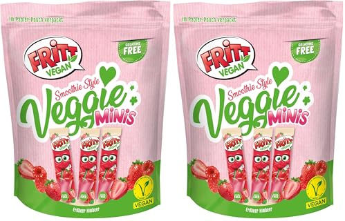 FRITT Vegan Erdbeer & Himbeer Minis 135g, 100% Vegan, Mini Kaubonbon-Streifen für alle Smoothie Lover (Packung mit 2)