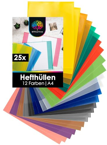 OfficeTree 25x Fundas de Cuadernos A4 – 12 Colores – Forrar Libros Escolares para el Colegio y la Oficina - Repelente a la Suciedad y al Agua - Fundas de Plastico para Libros y Cuaderno