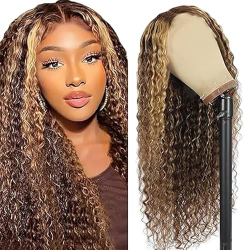 Weeybay Echthaar Perücke für Damen Perücken Curly Wave Human Hair Wig Highlight Blond 4X4 Lace Closure 150% Density Unprocessed Remy Hair Glueless for Woman 30 Zoll
