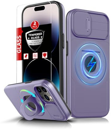 FRLMOOES for iPhone 14Pro Case Magnetic Compatible with MagSafe Wireless Charging,with 2 Screen Protectors,Built-in 360°Kickstand Ring+Camera Cover Anti-Scratch Shockproof Heavy Duty Protection Purple