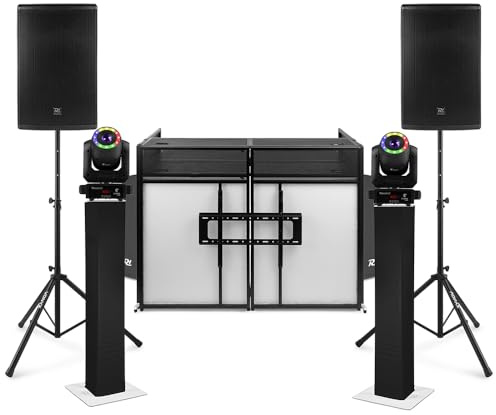 VONYX Mobile Disco Setup with DJ PA System Package, 15 Active Speakers, Stands, Booth with TV Mount, LED Moving Head Lights & Lighting Plinths for Weddings, Parties