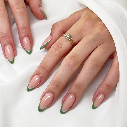 St Patricks Day False Nails, Green Press on Nails Almond, French Short Nails Acrylic Glue on Nails, Long Lasting Removable Full Cover Green Stick on Nails for Women, 24PCS
