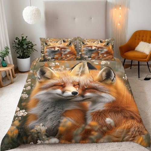 Bedding Bettwäsche 135x200 Set 3 Teilig Mikrofaser Warme Kinder Bettwäsche-Sets 3D Wald Tier Fuchs Blumen Druck Bettbezug 135x200 Deckenbezug + 2 Kissenbezüge 80x80 mit Reißverschluss Eckbinder