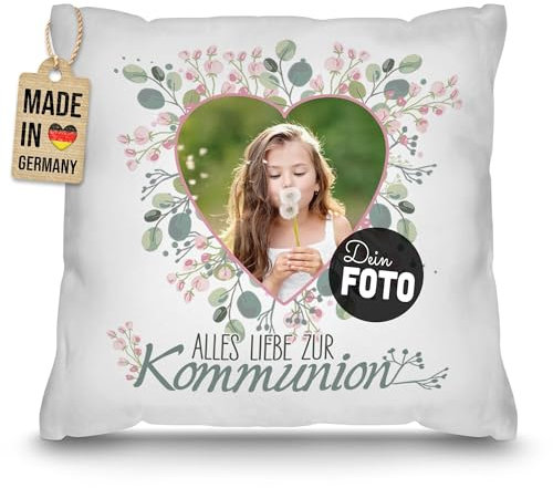 PR Print Royal Kissen mit Foto selbst gestalten - Alles Liebe zur Kommunion - Herz - Personalisierte Kommunionsgeschenke, inkl. Füllung, 40 x 40 cm, Weiß