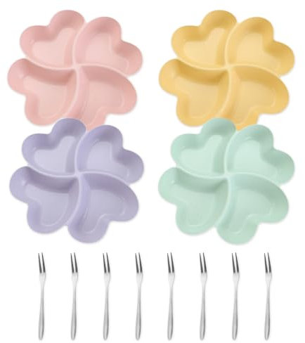 YZROHYI 4 Plato para Aperitivos con Compartimentos,Plato Snacks Reutilizables,Bandeja Frutos Secos,Platos de Dulces,Bandeja Aperitivos Plástico,Platos Nueces,Bandejas Postres con 8 Tenedores de Frutas