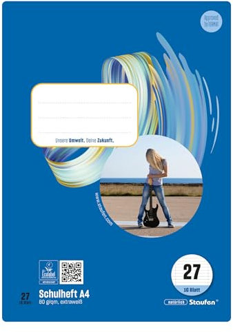 Staufen Style Schulheft - 10 Hefte je 16 Blatt, DIN A4, Lineatur 27 (9 mm liniert mit Randlinie), 80 g/m² Papier