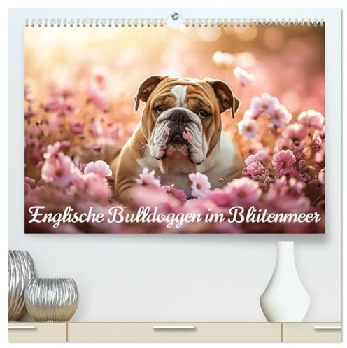 Englische Bulldoggen im Blütenmeer (hochwertiger Premium Wandkalender 2026 DIN A2 quer), Kunstdruck in Hochglanz: Blumenfreuden mit Bulldoggen: Ein Kalender für Hundeliebhaber (CALVENDO Tiere)