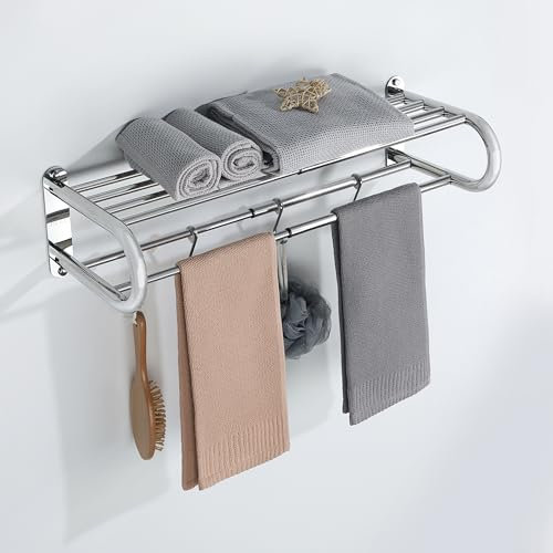 Mooche Towel Rail Wall Mounted,Bathroom Towel Holder Double Towel Rack with 4 Clothes Hooks for Bathroom,SUS304 Stainless Steel Adjustable 40-69CM Towel Shelf with Double Towel Bars for Hotel,Kitchen