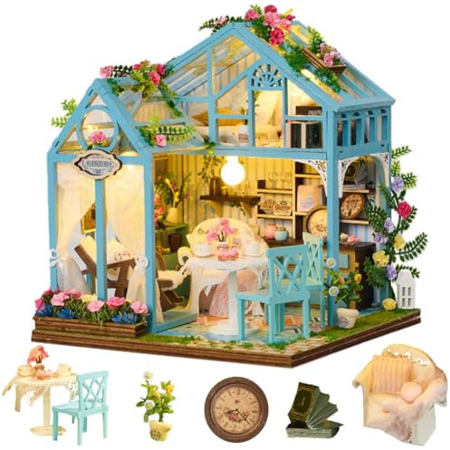 TOPBSFARNY Kit maison de poupée en bois à faire soi-même, style vintage européen, thème thé de l'après-midi, maison de fleurs en verre, miniature, cadeau de Saint-Valentin, mariage, anniversaire