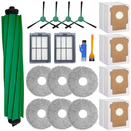 Kit de piezas de repuesto para aspiradora iRobot Roomba Plus 405 Combo/505 Combo Robot Aspiradora, 1 cepillo de goma, 6 paños de fregona, 4 bolsas de polvo, 2 filtros, 4 cepillos laterales, 2