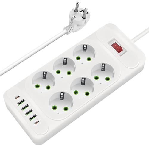 Steckdosenleiste, 12 in 1 Mehrfachsteckdose mit USB, 6-Fach Steckerleiste mit Schalter, 2500W Steck mit 4 USB-Anschlüsse und 2 Typ C, 2M Kabel