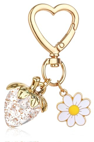 Apausvcm Schlüsselanhänger Erdbeere Taschenanhänger Bag Charms,Kawaii-Schlüsselanhänger mit Herz Süß Kawaii Anhänger Auto-Schlüsselanhängers mit Blumenblatt,Personalisierte Erdbeer Geschenke für Damen