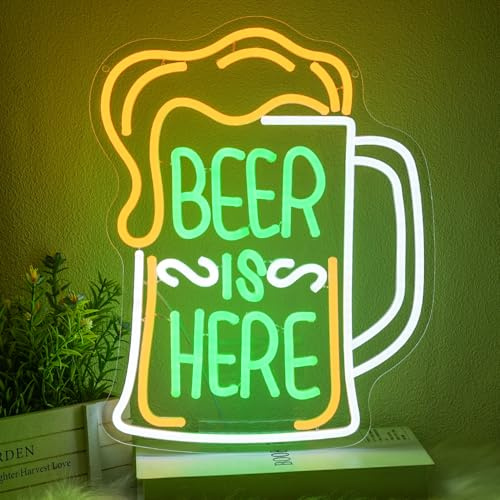 LMSIGNLY Beer Is Here Neon Schild für Wanddekoration Bier Bar Neon Licht Bierglas Neon Lichtschild Grün Buchstabe LED Schild für Home Nachtclub Mann Höhle Restaurant Party