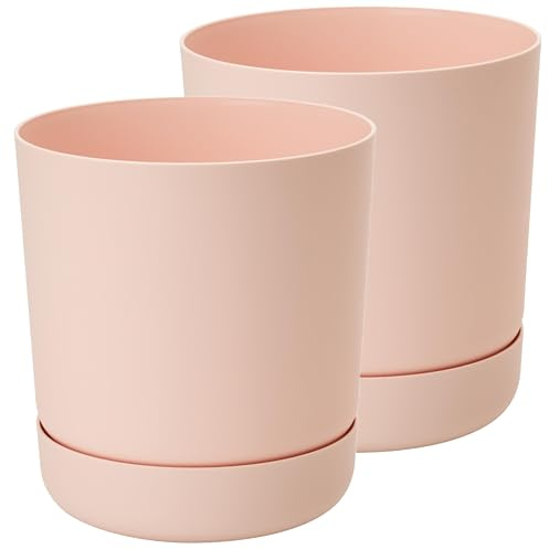Home Garden Ornaments – Plant Pots Indoor, Set of 2 Plastic Outdoor Planters with Drainage & Saucer, Classy Flower Pots (15cm / 5.9 inch, Pink)