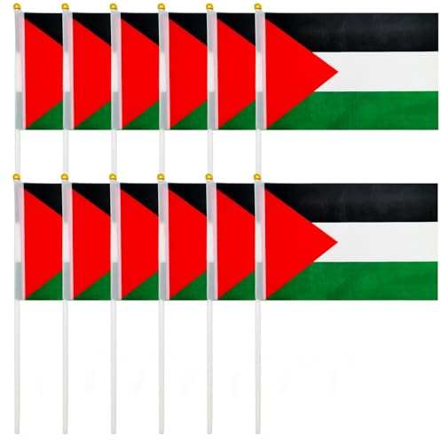 Palästinensische Flagge,12 Stück Palästina Flagge klein 21 x 14 cm | Palästinensische Fahne mit Stange,wetterfeste Flaggen für Outdoor