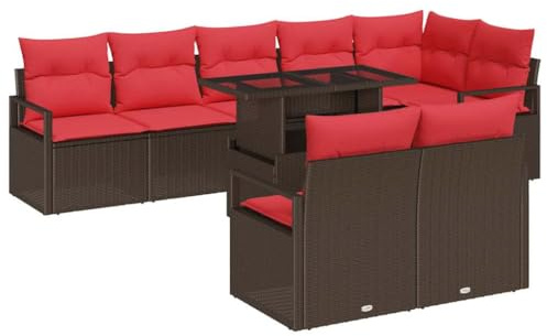 vidaXL Gartensofa-Set mit Speicher 9 pcs Braun und Rot Poly-Rattan, Garten und Terrasse, modernes Outdoor-Sofa Set, rechteckig, langlebige Rattanmöbel, modulare Couch, Sitzgruppe