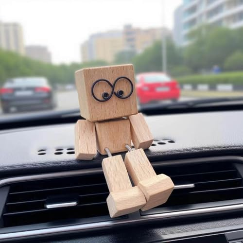 MAbelo Schüttelmann Holz Auto Dekor mit magnetischen Gesichtern, Wackelnder Holzmann Auto-Dekor, Handgefertigte Wackelfigur Auto für Armaturenbrett & Schreibtisch Accessoire(2 magnetische)