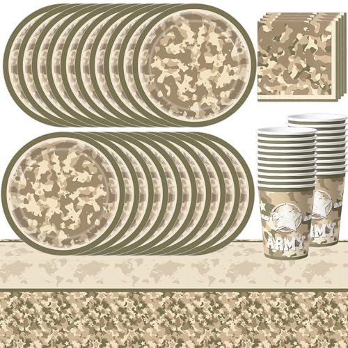 61 Piece Camouflage Party Tableware Set, Military Decorations, Army-Themed Birthday, Kids' Party Plates Cups Napkins Tablecloth (20 Guests)