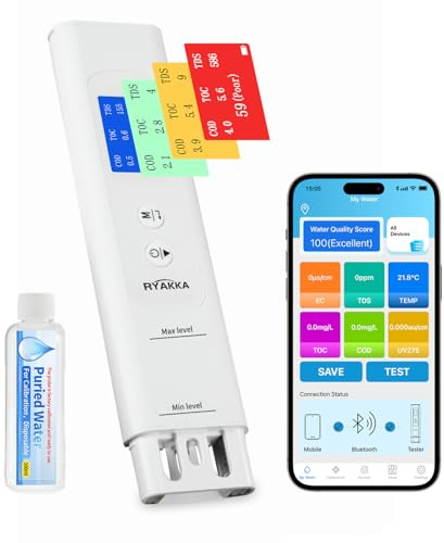RYAKKA Testeur d’Eau Intelligent 6-en-1 avec App, Analyse TDS/EC/TOC/COD/UV275/Temp, Score 4 Couleurs, Calibration Intelligente, Testeur de Qualité de l'eau Portable pour Filtre, Maison, Camping
