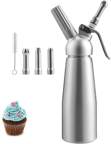 BYTLEOUTJ 250 ml Aluminium-Sahneaufschäumer, Edelstahl-Sahne-Siphon, Schlagsahne-Spender mit 3 dekorativen Düsen und 1 Reinigungsbürste für Kuchen, Desserts, Mousse