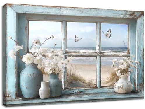 Wooden Framed Canvas Wall Art Window View Coastal Beach Painting on Canvas Prints Jasmine Flower in Vase Butterfly Poster Rustic Floral Pictures for Living Room Bedroom Hallway Wall Decor 30x40cm