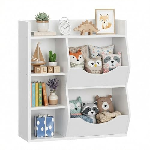 JOLLYTOP Kinder Spielzeugregal Mit 2 Kippboxen & 3 Offenen Fächern – Spielzeugaufbewahrung & Bücherregal Aus MDF – Aufbewahrungsschrank Für Kinderzimmer & Kindergarten-Weiß