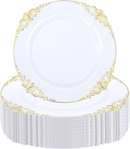 KDXBQ 50 Pcs Plastic Plates Plastic Dinner Plates with Gold Rim 26 cm Party Plate for Weddings Upscale Parties Thanksgiving Tableware (White Gold)
