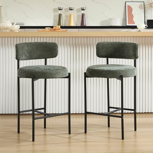 Relbiety Barhocker 2er Set Grün Chenille Stoff mit Rückenlehne und Metallbeinen, Industriestil Hohe Thekenstühle Modern Küchenstühle für Bar Theke Küche
