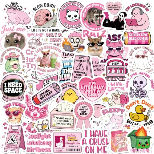 JoyAura Pink Cute Stickers 100 Pcs 50 Styles Funny Vinyl Decals | Sticker Set for Adults and Teens with Vinyl Decals for Water Bottles, Laptop, Scrapbook and Other Projects