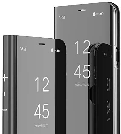 HMTECH iPhone 8 / 7 Plus Case Clear View Window Electroplate Plating Stand Mirror Flip Ultra Slim Thin Full Body Wallet Kickstand Bookstyle Cover for iPhone 8/7 Plus 5.5 Inch,Mirror PU Black