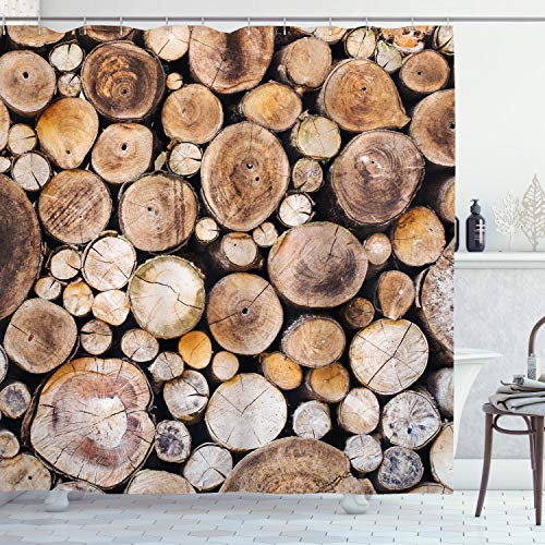 ABAKUHAUS Rustikal Duschvorhang, Holzscheite Eiche, Stoffliches Gewebe Badezimmerdekorationsset mit Haken, 175 x 240 cm, Pale Sand Brown