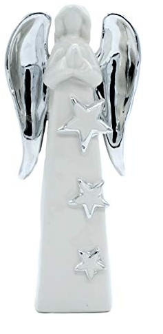 DARO DEKO Keramik Engel stehend Silber-weiß 25cm