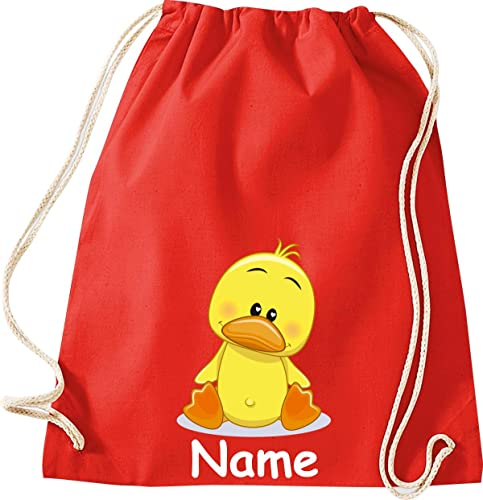 Shirtinstyle Turnbeutel, Tiere Ente Küken mit Wunschnamen, Kinder, Stoffbeutel, Kinderrucksack, Jute, Gymsack, Farbe Rot