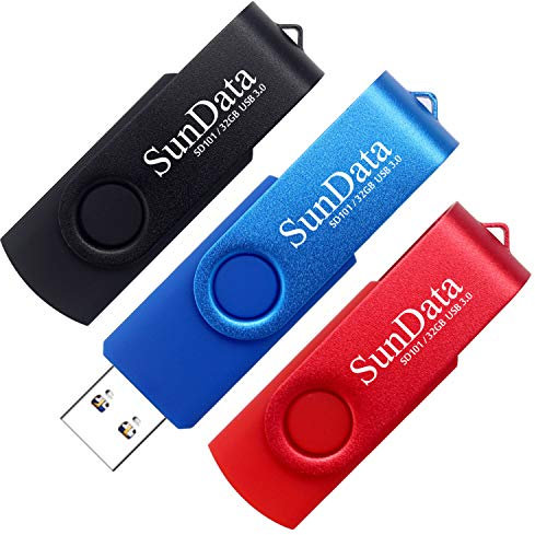 SunData Memory Stick 32GB 3 Pack USB 3.0 Flash Drive USB Stick Rotate Metal Thumb Drive USB 3.0 up to 90MB / sec, (3 Mixed Colors: Black, Blue, Red)