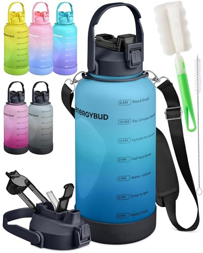 EnergyBud 3.8L Water Bottle | Large Gym Water Bottle For Men & Women With 2 Straws | No BPA, BPS, DEHP | Tritan Material | Dishwasher Safe, Adjustable Strap, Wide Mouth, Silicone Base + 2 Brushes